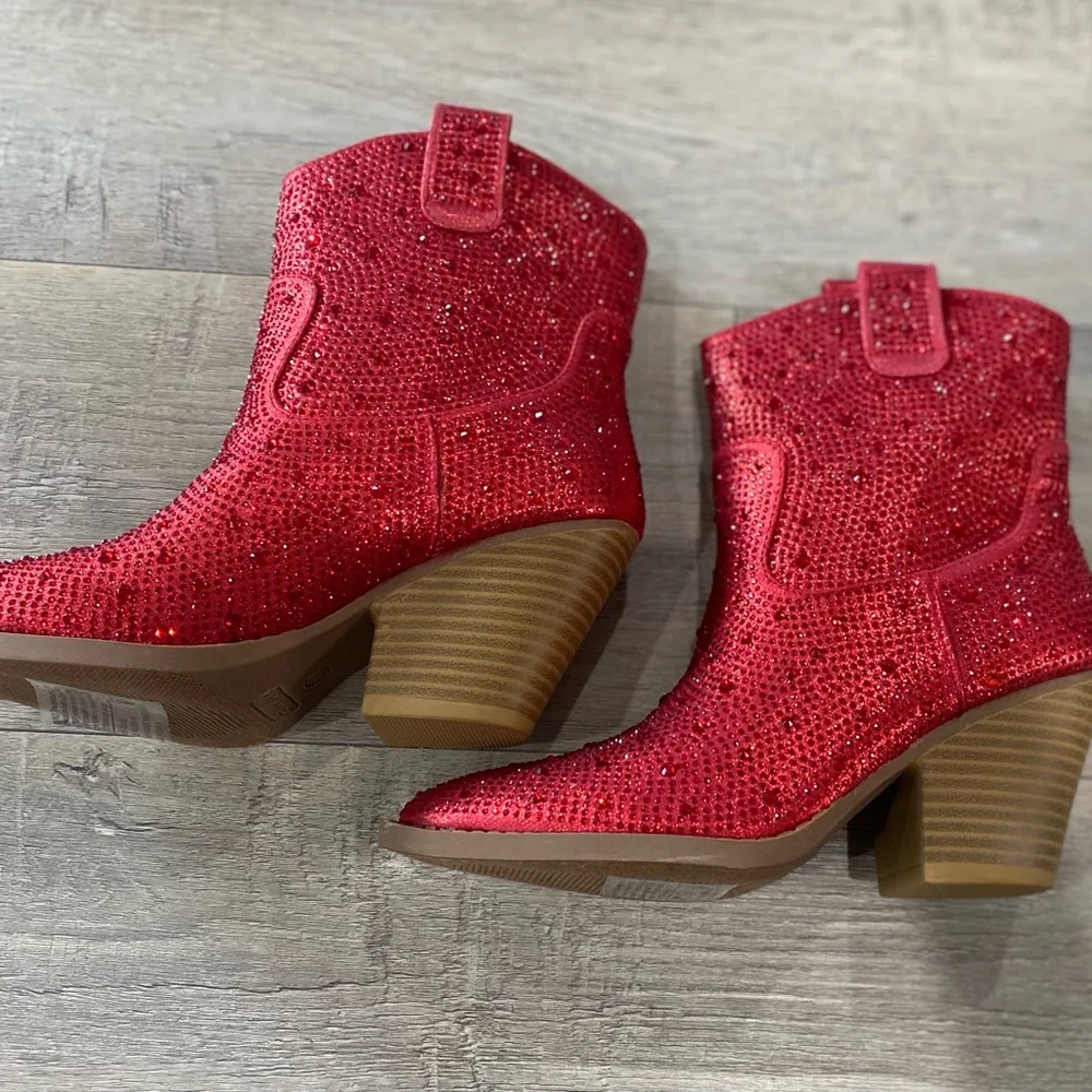 Red Rhinestone Cowgirl Sparkling Pull-on Christmas Party Forever Ankle Booties - Picture 6 of 8